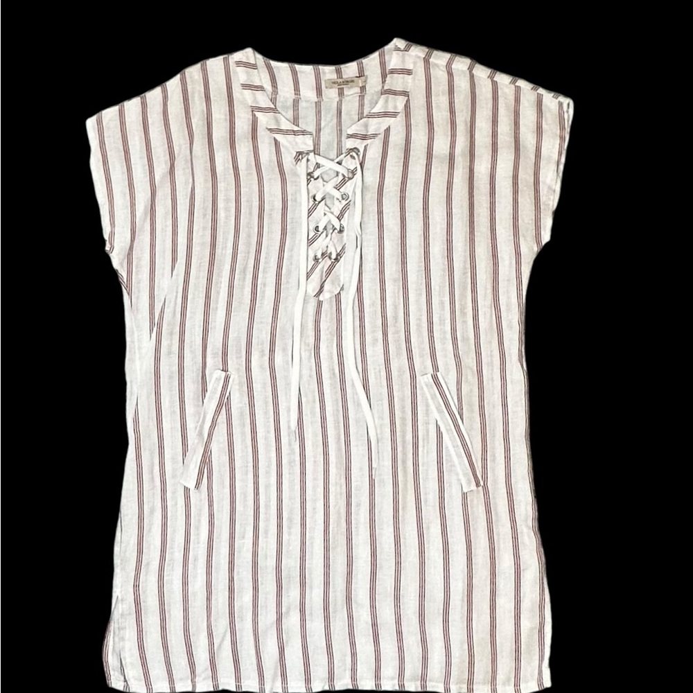 Viola Borghi Women's Linen Top beach Coverup Laced closure Striped Size Large